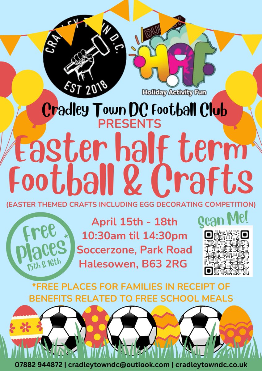 Easter Soccer Camp for children 5-14 year olds.  Delighted to be able to offer HAF Free Places for children living in the Dudley Borough who qualify for benefit related Free School Meals (FSM). Register for HAF places here: register.bookinglab.co.uk/dudley/37001/r… or contact 07882 944872 for info