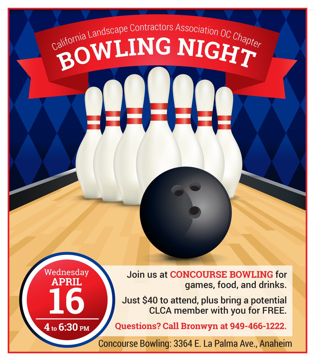 CLCAOCChapter's tweet image. Join us for happy hour at Concourse Bowling in Anaheim on Wednesday, April 16! Enjoy games, food, and drinks while hanging out with your green industry friends. Reserve your spot today. lp.constantcontactpages.com/ev/reg/v8feeys

#clcaoc #orangecounty #clca #greenindustry #landscapeprofessionals