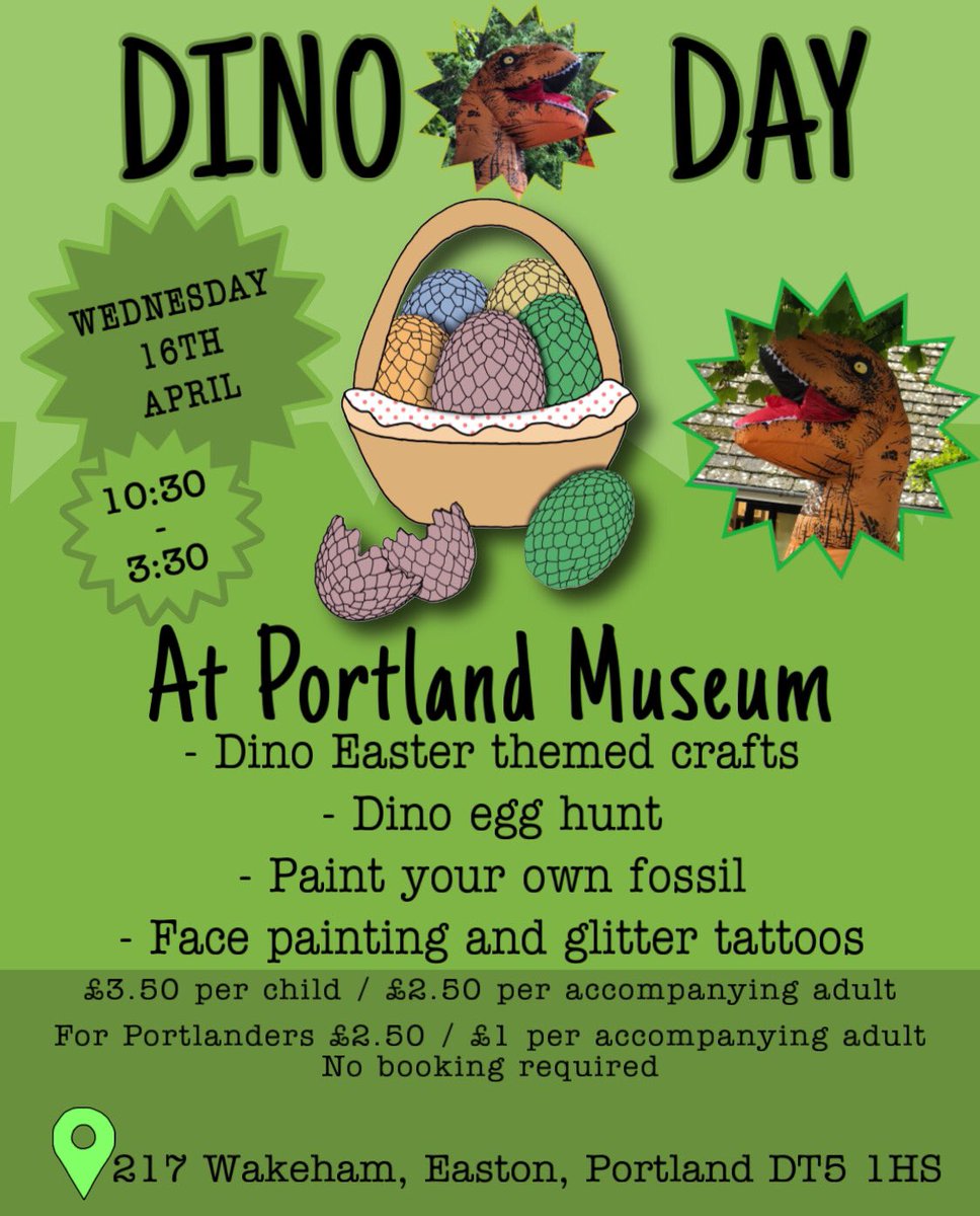 On Wednesday 16th April Portland Museum is hosting Dino Day - With an Easter twist!

No booking required.
Tickets are £3.50 per child / £2.50 per accompanying adult

For Portlanders: £2.50 / £1 per accompanying adult

(face painting and paint your own fossil are additional costs)