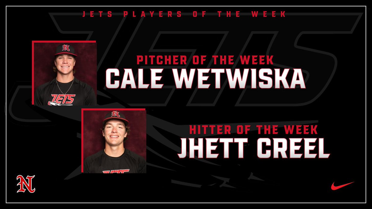 Northern Oklahoma College Jets Baseball (@nocenidjets) on Twitter photo Here are your Jets Players Of The Week for the weekend ๐งน at Labette!โ๏ธโผ๏ธ
Pitcher of the Week:
<a href="/CaleWetwiska/">Cale Wetwiska</a>: 5IP, 0H, 0R, 1BB, 5K
Hitters of the Week:
<a href="/CreelJhett/">Jhett Creel</a>: 8-14 (.571 AVG), 1 2B, 2 ๐ฃ, 10 RBI, 7R, 3 BB, 2 HBP
#JetFam Here are your Jets Players Of The Week for the weekend ๐งน at Labette!โ๏ธโผ๏ธ
Pitcher of the Week:
<a href="/CaleWetwiska/">Cale Wetwiska</a>: 5IP, 0H, 0R, 1BB, 5K
Hitters of the Week:
<a href="/CreelJhett/">Jhett Creel</a>: 8-14 (.571 AVG), 1 2B, 2 ๐ฃ, 10 RBI, 7R, 3 BB, 2 HBP
#JetFam