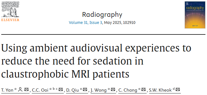 📢Research article available! 
📰Using ambient audiovisual experiences to reduce the need for sedation in claustrophobic MRI patients
🖊️T. Yan, C.C. Ooi, D. Qiu, J. Wong, C. Chang, S.W. Kheok
🔗doi.org/10.1016/j.radi…
