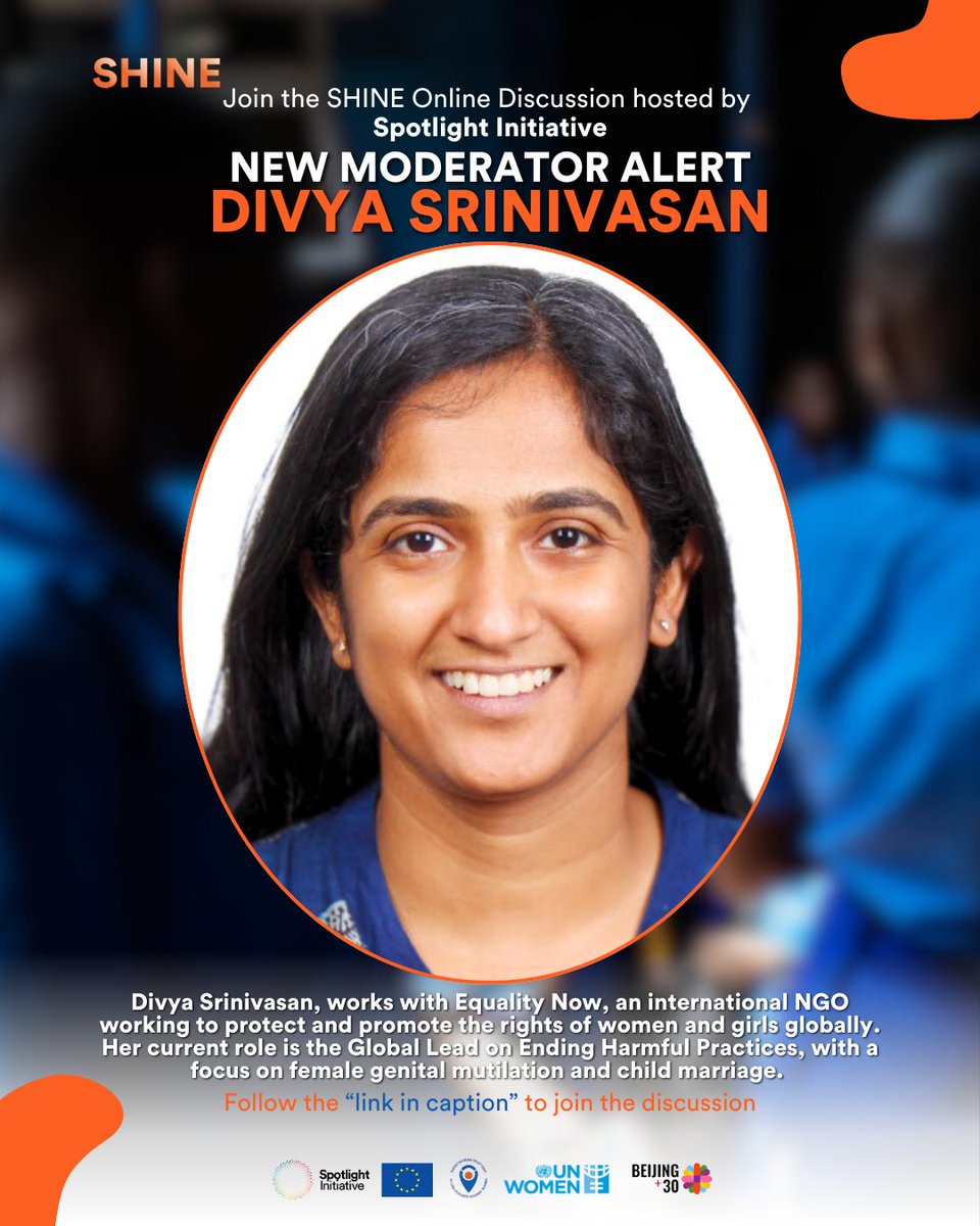 Spotlight Initiative (@globalspotlight) on Twitter photo This week, Divya Srinivasan will be leading the <a href="/GlobalSpotlight/">Spotlight Initiative</a> SHINE discussion on harmful practices.
Join us and be part of co-creating knowledge.
๐Join here: bit.ly/3WDKVaw
<a href="/equalitynow/">Equality Now</a>
#SHINE #SpotlightInitiative #EVAWG #EndFGM #ChildMarriage #Unite2EndFGM This week, Divya Srinivasan will be leading the <a href="/GlobalSpotlight/">Spotlight Initiative</a> SHINE discussion on harmful practices.
Join us and be part of co-creating knowledge.
๐Join here: bit.ly/3WDKVaw
<a href="/equalitynow/">Equality Now</a>
#SHINE #SpotlightInitiative #EVAWG #EndFGM #ChildMarriage #Unite2EndFGM