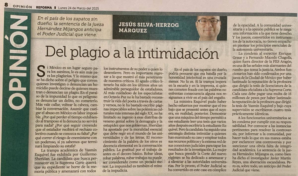 “La condena al exrector Enrique Graue y a Fernando Macedo Chagolla, quien fuera director de la FES Aragón, es una de las señales más alarmantes del rumbo que toma la justicia”, escribe Jesús Silva-Herzog Márquez.