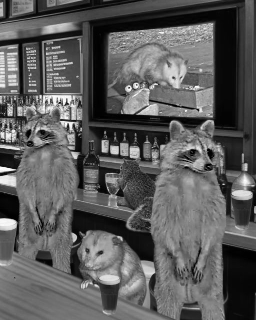 What a delightful &amp; hilarious image made by the talented @bumblebutt72 (Discord)featuring some of our "regulars" at CritterVision! Can you spot the squirrel as well?? Just like Cheers, at CritterVision everyone knows your name and were always glad you came for a visit!