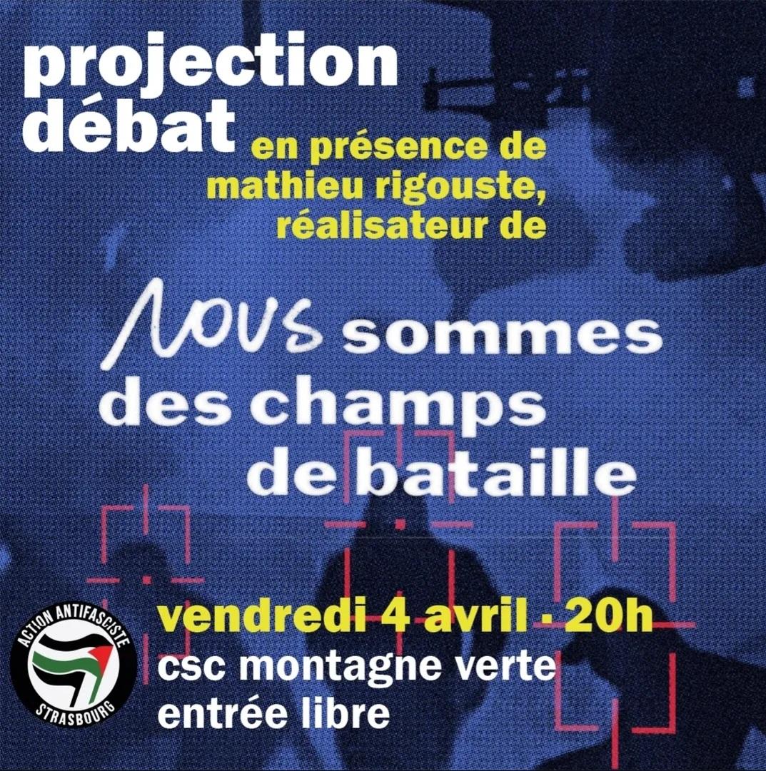 Projection débat 📽️🎬

"Nous sommes des champs de bataille"

Nous recevrons <a href="/MathieuRigouste/">Mathieu Rigouste</a> pour un temps de débat en fin de projection 

📍RDV : Vendredi 4 Avril à 20h au CSC Montagne Verte