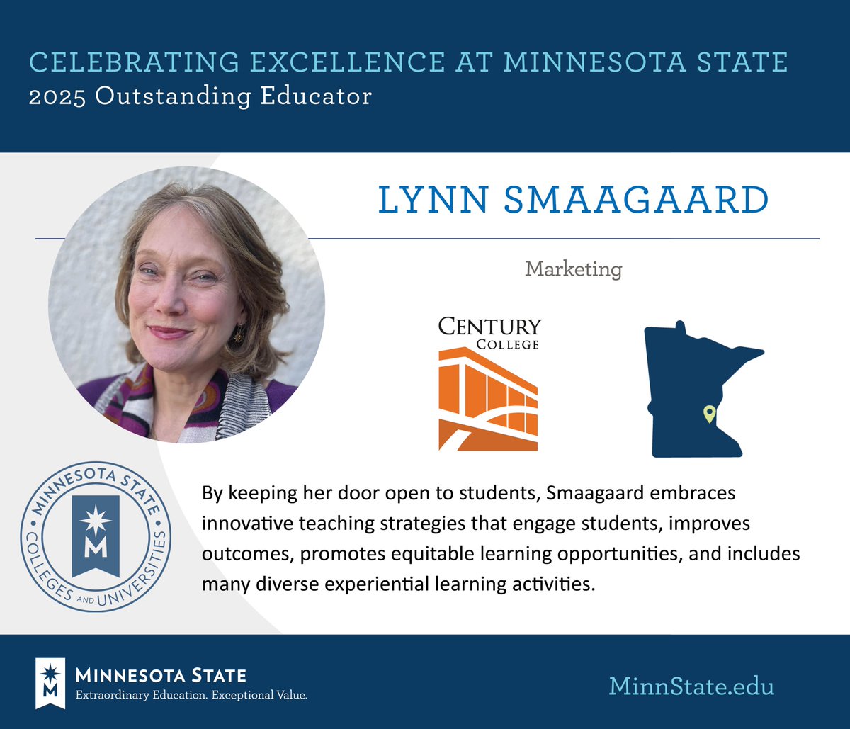 Lynn Smaagaard from <a href="/CenturyCollege/">Century College</a> was named as an Outstanding Educator at the 2025 Board of Trustees Awards. Congratulations! 

See more at MinnState.edu/BOTawards. #MinnStateBOTawards
