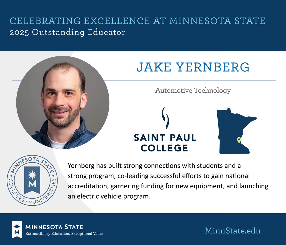 Jake Yernberg from <a href="/StPaulCollege/">Saint Paul College</a> was named as an Outstanding Educator at the 2025 Board of Trustees Awards. Congratulations! 

See more at MinnState.edu/BOTawards. #MinnStateBOTawards