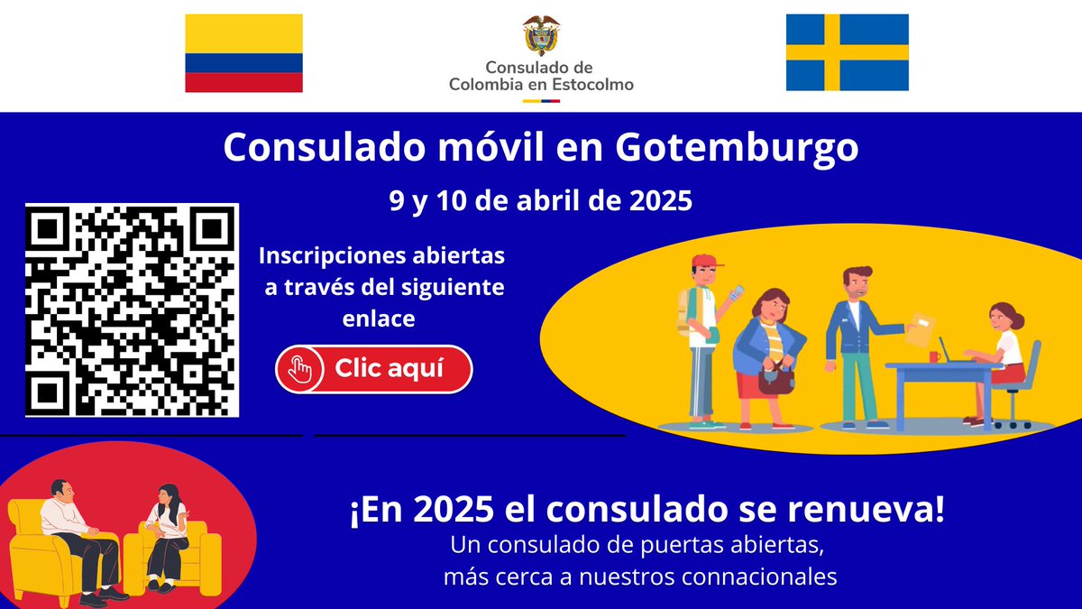 Consulado Móvil Gotemburgo 9 y 10 de abril 2025

Invitamos a todos los colombianos residentes en Gotemburgo y alrededores que necesiten realizar trámites consulares a registrarse a través del código QR o en el siguiente enlace:

forms.office.com/r/pCAvuXVxpL?o…