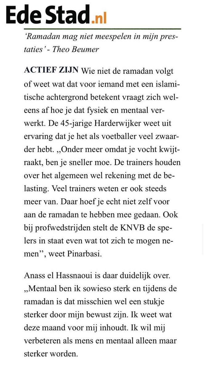 Wat leuk dat een regionale krant aandacht besteed aan de Ramadan- maand. Bedankt <a href="/WimvanKessel1/">Wim van Kessel</a> voor de leuke interview. 

Ramadan is voor voetballers geen probleem, juist een maand van bezinning edestad.nl/sport/voetbal/… #edestad