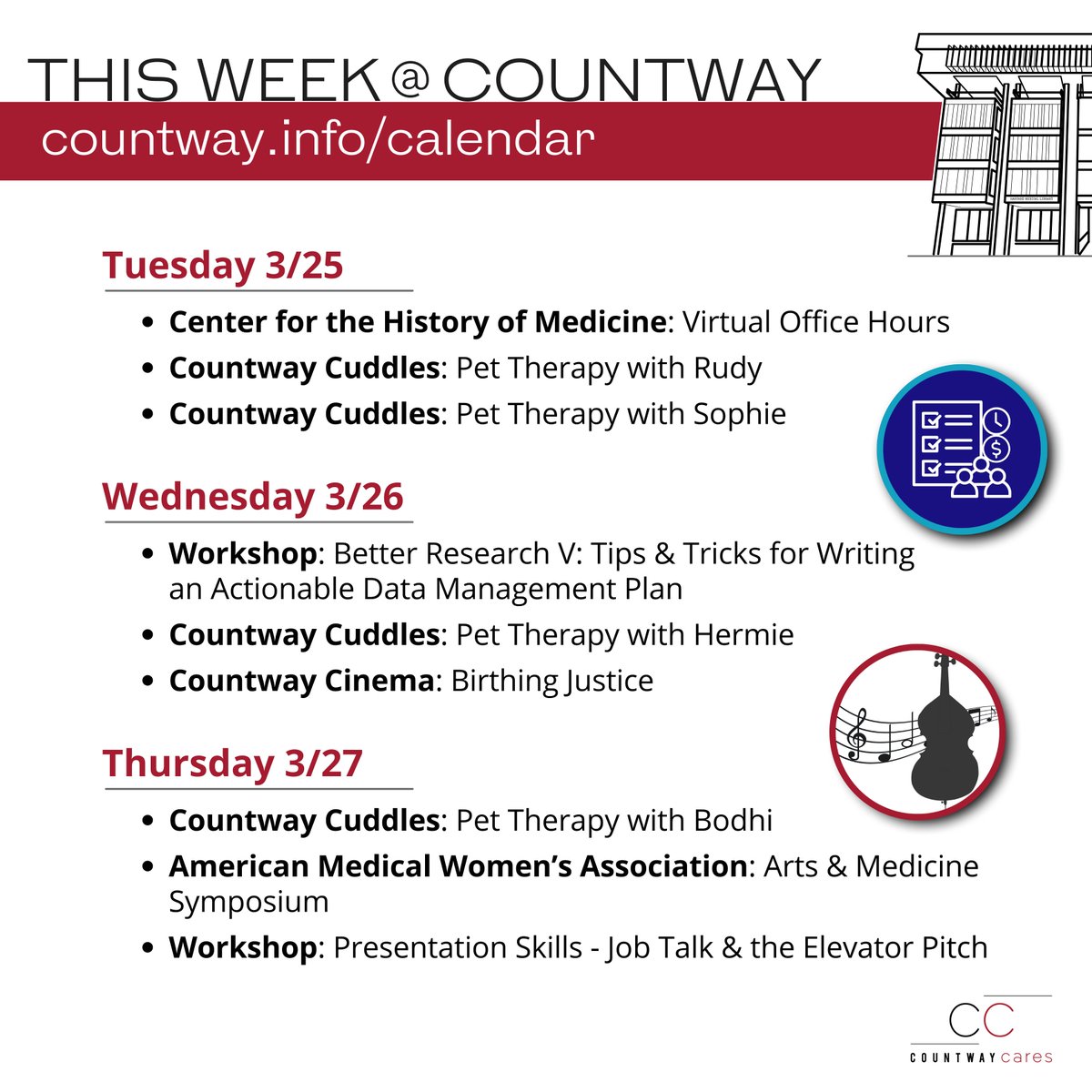 Countway Library (@hmscountway) on Twitter photo 📅 Join us #ThisWeekAtCountway for <a href="/HarvardHistMed/">HarvardHistMed</a> office hours, workshops on #DataManagement and #PresentationSkills, pet therapy, a film screening, and an #aArtsAndMedicine symposium! 🎵
🔗countway.info/calendar
#CountwayCuddles #CountwayCinema #MedicineandtheArts 📅 Join us #ThisWeekAtCountway for <a href="/HarvardHistMed/">HarvardHistMed</a> office hours, workshops on #DataManagement and #PresentationSkills, pet therapy, a film screening, and an #aArtsAndMedicine symposium! 🎵
🔗countway.info/calendar
#CountwayCuddles #CountwayCinema #MedicineandtheArts