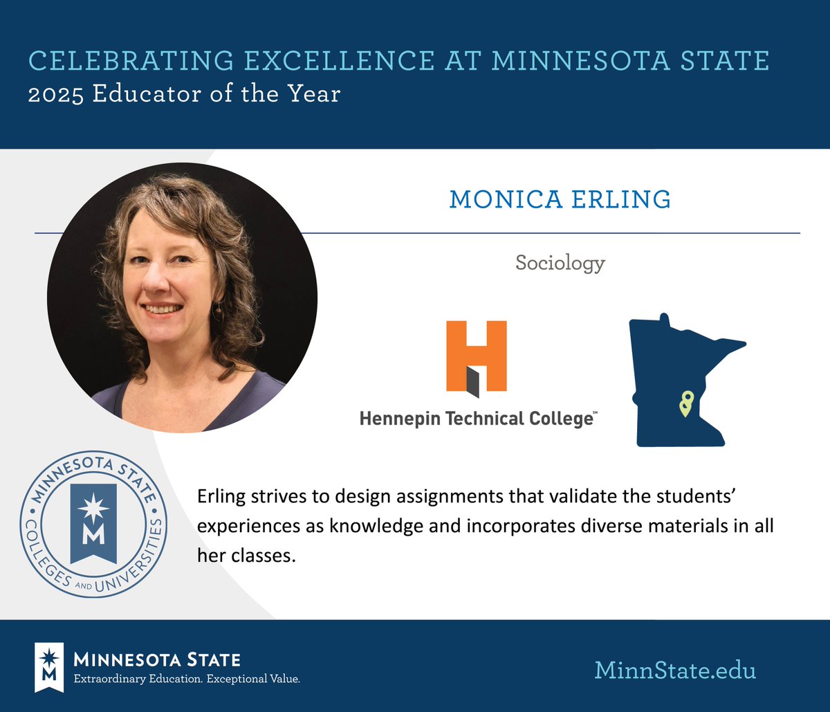 Monica Erling, sociology faculty at <a href="/HennepinTech/">Hennepin Tech</a> was named as an Educator of the Year at the 2025 Board of Trustees Awards. Congratulations! 

See more at MinnState.edu/BOTawards. #MinnStateBOTawards