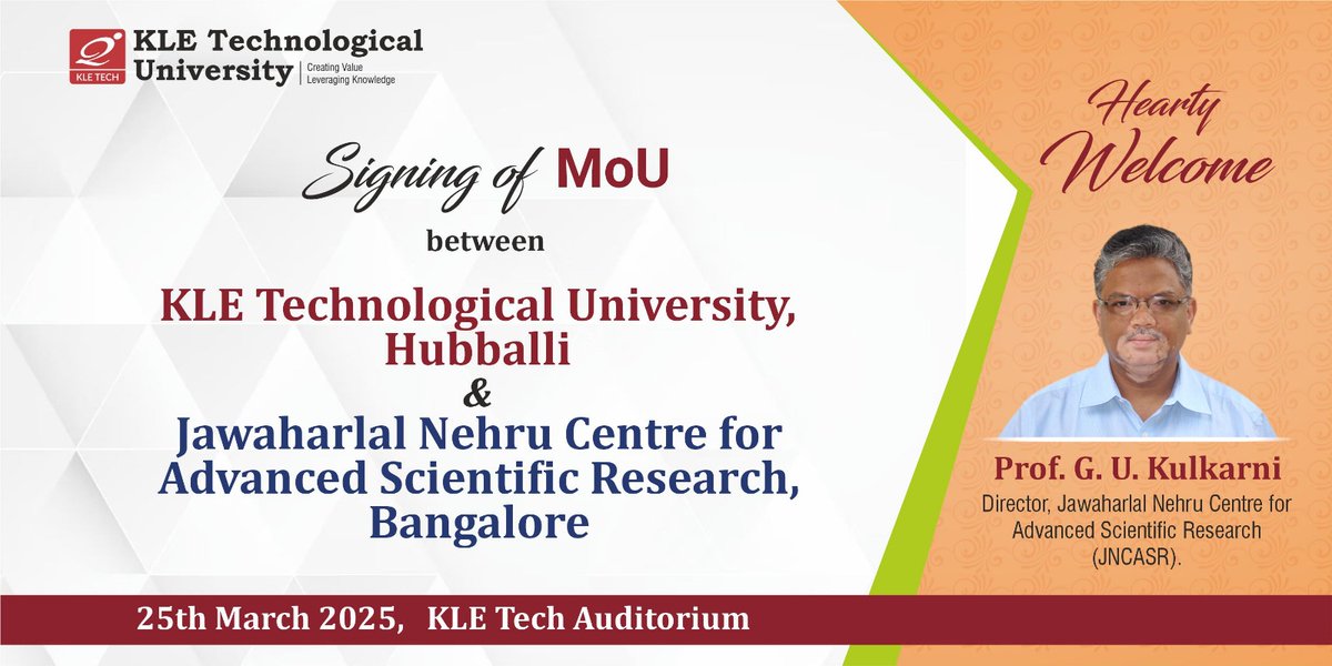 KLE Tech - BVB (@kletechbvb) on Twitter photo 🚀 Exciting Collaboration! 🚀
<a href="/KLETechbvb/">KLE Tech - BVB</a> is thrilled to welcome Prof. G. U. Kulkarni, President, <a href="/jncasr/">JNCASR Bangalore</a> Bengaluru, for the signing of an MoU on 25th March 2023 at 11:00 AM.
This partnership paves the way for innovation, research, and academic excellence! 🎓🔬
<a href="/EduMinOfIndia/">Ministry of Education</a> 🚀 Exciting Collaboration! 🚀
<a href="/KLETechbvb/">KLE Tech - BVB</a> is thrilled to welcome Prof. G. U. Kulkarni, President, <a href="/jncasr/">JNCASR Bangalore</a> Bengaluru, for the signing of an MoU on 25th March 2023 at 11:00 AM.
This partnership paves the way for innovation, research, and academic excellence! 🎓🔬
<a href="/EduMinOfIndia/">Ministry of Education</a>