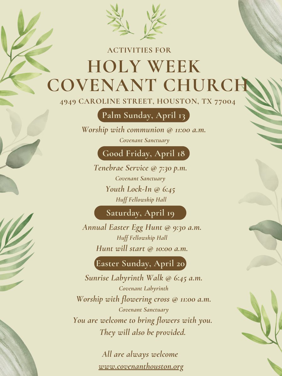 You Are Invited to Holy Week at Covenant Church 
As we prepare for Holy Week, we invite you to reflect on the radical love, justice, and inclusion that Christ embodied. This is a time to celebrate the liberating power of God’s love that knows no bounds.