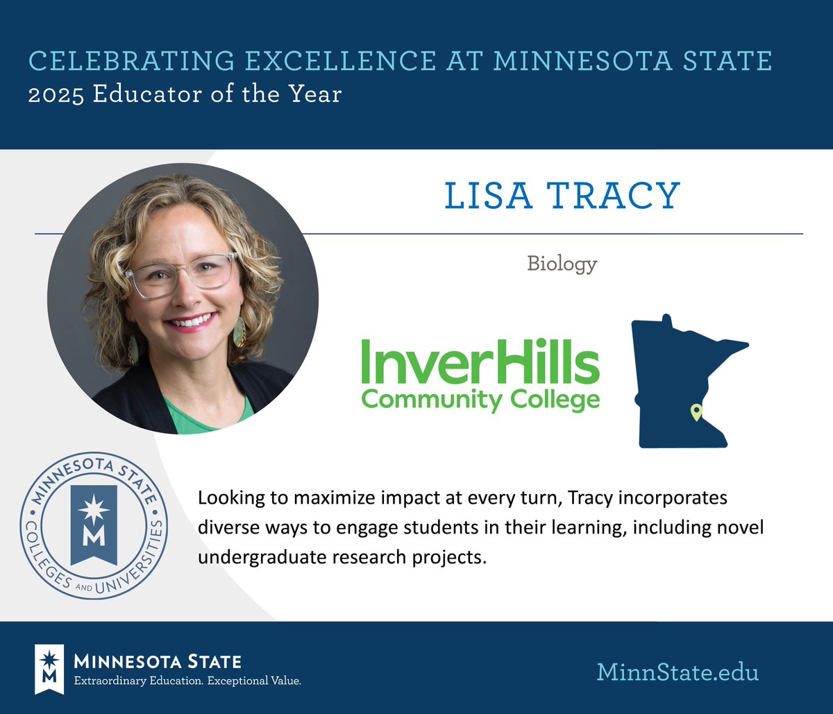 Lisa Tracy, biology faculty at <a href="/InverHillsCC/">Inver Hills CC</a> was named as an Educator of the Year at the 2025 Board of Trustees Awards. Congratulations! 

See more at MinnState.edu/BOTawards. #MinnStateBOTawards