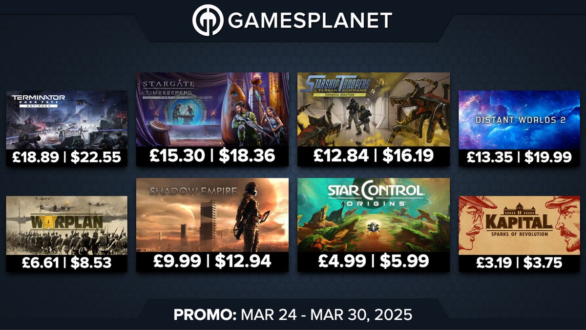 GamesplanetUK's tweet image. Fight machines, bugs and explore the galaxy with 66 new weekly deals on #Terminator Dark Fate, #StarshipTroopers Terran Command, #StarControlOrigins and more! 😊

🪐gamesplanet.com/games/offers/w…
Deals end March 31st at 1am PT / 9am BST