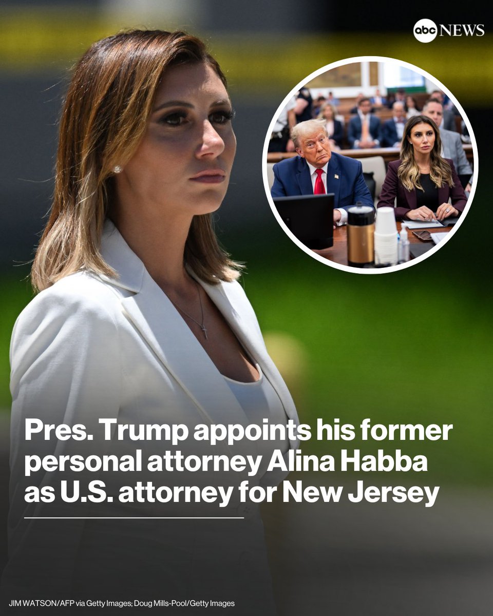 JUST IN: Pres. Trump on Monday named Alina Habba, his personal attorney-turned-White House counselor, to serve as the next interim U.S. attorney for the District of New Jersey.

Read more: abcnews.link/2moKZts