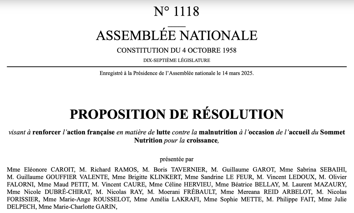 Alors que le sommet #N4G s'ouvrira dans quelques jours à Paris, les députés français se mobilisent à travers une proposition de résolution, portée par <a href="/CaroitEleonore/">Eleonore Caroit</a> appelant le gouvernement à faire de la lutte contre la malnutrition une priorité politique et budgétaire. 

Nous