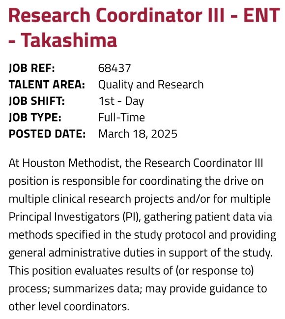 otohns's tweet image. Looking for another research coordinator to join our vibrant department!  If you know someone who might fit, please let me know.

houstonmethodistcareers.org/job/105759/res…