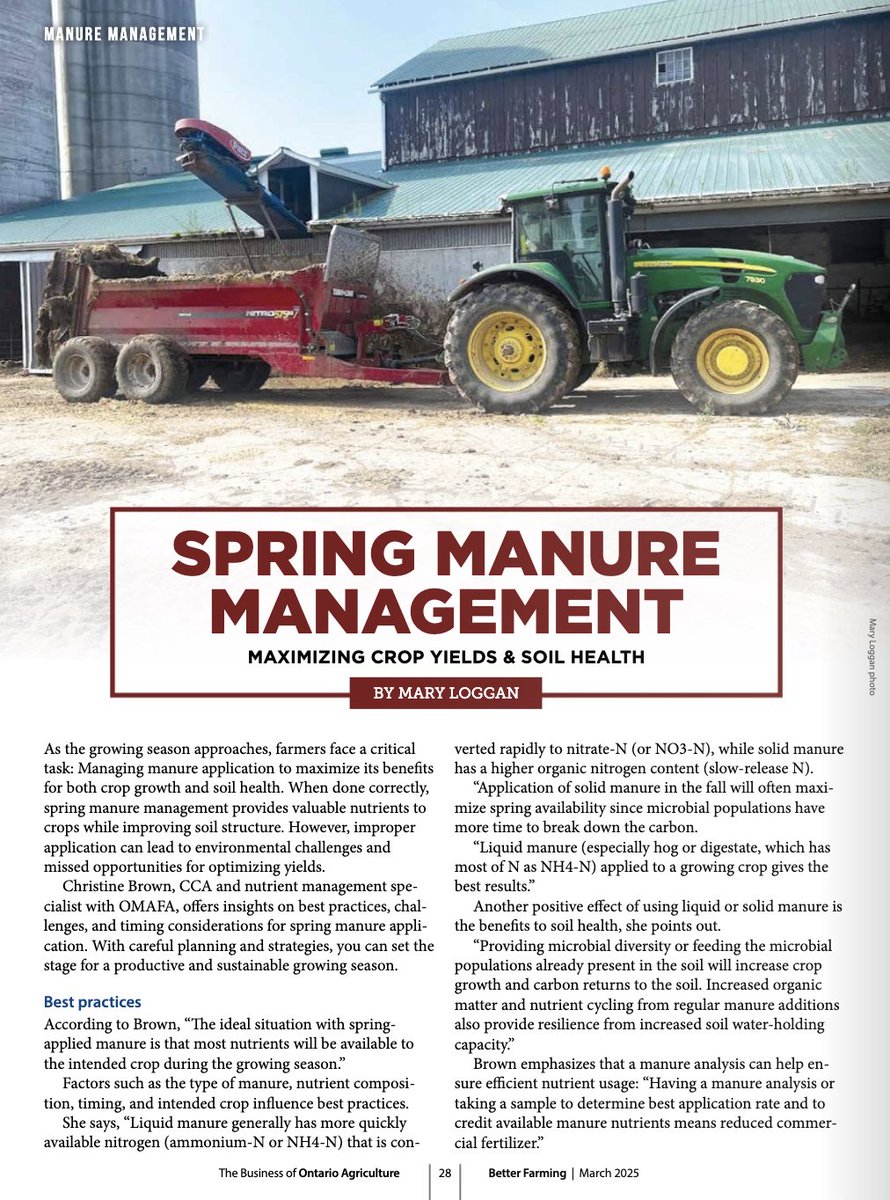 Better Farming | It's Farming. And It's Better. (@betterfarmingon) on Twitter photo Christine Brown, CCA and nutrient management specialist with OMAFA, offers insights on best practices, challenges, and timing considerations for spring manure application, in our March edition.
#OntAg #Farm365 #Plant25
betterfarming.com/flippingbook/b… Christine Brown, CCA and nutrient management specialist with OMAFA, offers insights on best practices, challenges, and timing considerations for spring manure application, in our March edition.
#OntAg #Farm365 #Plant25
betterfarming.com/flippingbook/b…