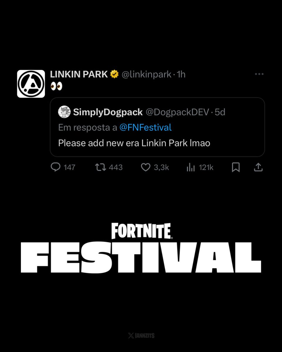 iannzits's tweet photo. 🔥 FORTNITE x LINKIN PARK? QUEREMOS!

A conta oficial da banda respondeu com o emoji “👀” a um post de um jogador que pediu a nova era do Linkin Park no Fortnite Festival. https://t.co/lgfblIrIdx
