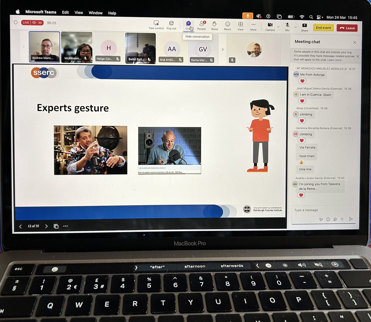 Running the third session to schools in Spain, this time on Embodied Learning and meaningful gestures. One more to go in a fortnight on the human body. <a href="/SSERCofficial/">SSERC</a> is going international with its SSERC Meets.