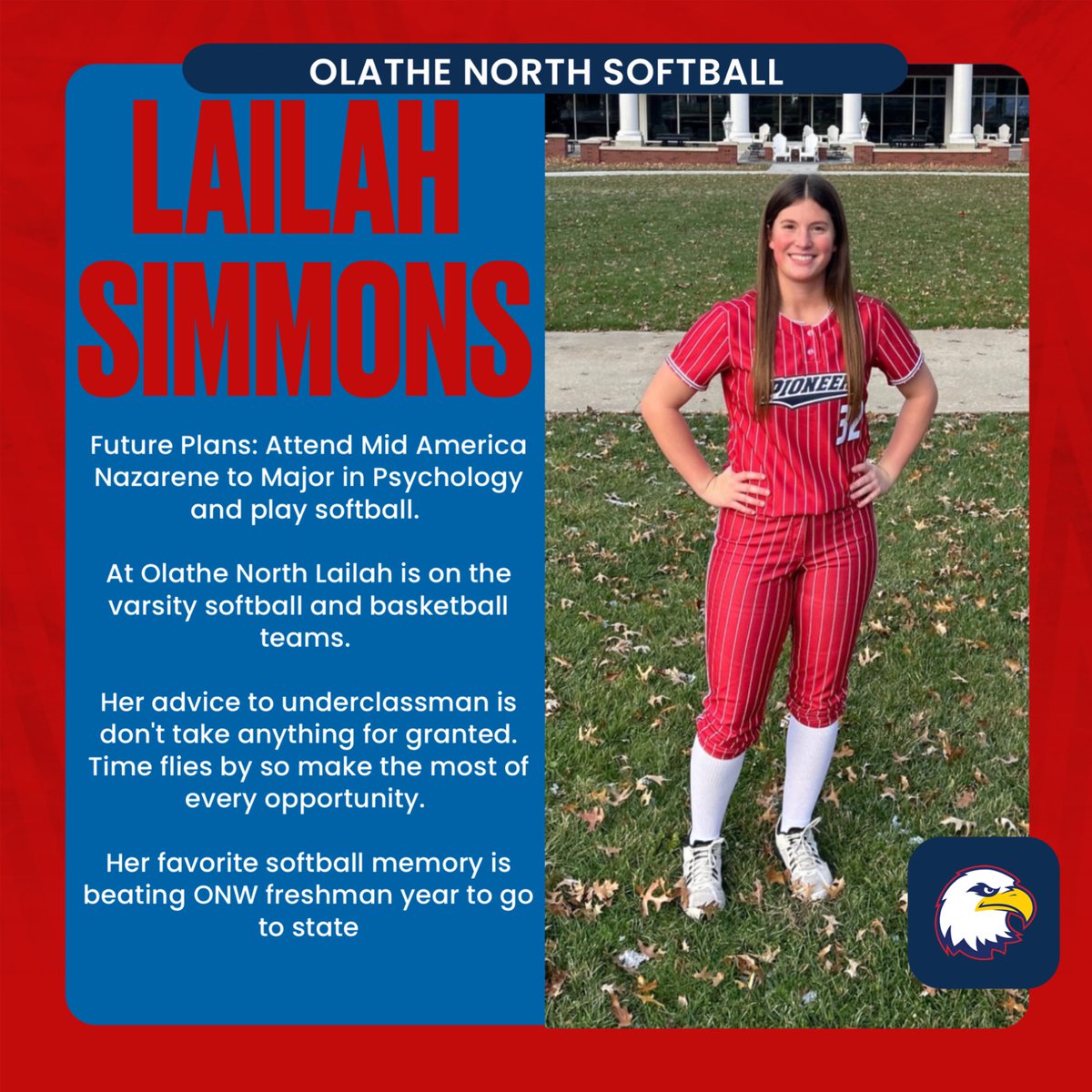 Our next senior is Lailah Simmons 🥎 Lailah is a four year varsity starter 🦅 We can’t wait to watch her behind the plate and at the plate.