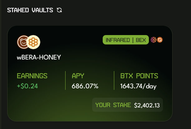 $BERA/stable LP farming 686% APY 
 app.beratrax.com/LuxuryBera