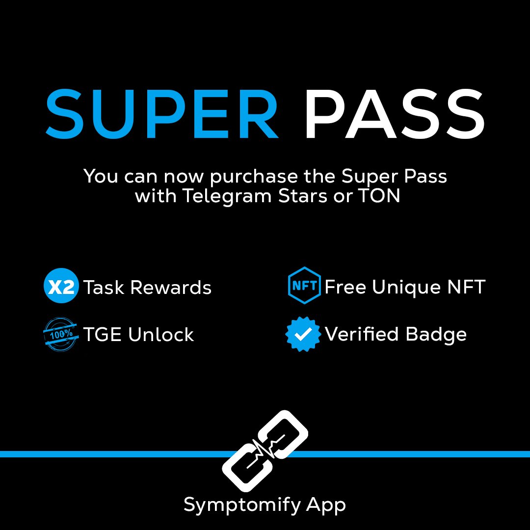 chivencobi89's tweet photo. Got my SUPER PASS on Symptomify.
2x task rewards, 100% TGE unlock, free NFT & verified badge all in one.
Paid with TON (or Telegram Stars).
Don’t miss out!
#Symptomify #SUPERPASS #TON @symptomify #Web3 https://t.co/sgnHjKfZCY