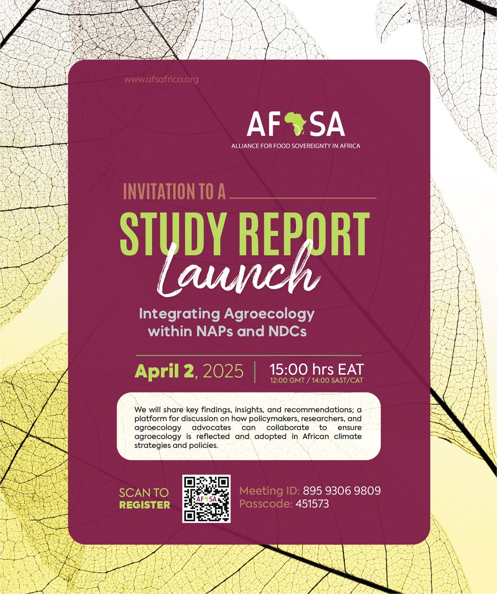Afsafrica's tweet photo. Invitation to a Study Report Launch – Integrating Agroecology within NAPs and NDCs

Greetings from the Alliance for Food Sovereignty in Africa (AFSA) Secretariat!

AFSA through her climate change and Agroecology working group is currently running a campaign on Agroecology for Climate Action, which involves advocating for the inclusion of agroecology in climate policies, frameworks, and strategies at different levels. Agroecology is increasingly recognized as a holistic approach that can address the interconnected challenges of climate change, biodiversity loss, and food security.

As African countries strive to meet their climate goals under the Paris Agreement, it is crucial that agroecology is integrated into National Adaptation Plans (NAPs) and Nationally Determined Contributions (NDCs). This presents a significant opportunity to strengthen climate resilience and promote sustainable development. Given the urgent need for effective climate action, AFSA commissioned a study to ascertain the integration of Agroecology within the National Adaptation Plans (NAPs) and Nationally Determined Contributions (NDCs) in Africa.

In light of the above, the Climate Change and Agroecology Working group of AFSA is pleased to invite you to the virtual launch of this study report, where we will share key findings, insights, and recommendations. This event will provide a platform for discussion on how policymakers, researchers, and agroecology advocates can collaborate to ensure agroecology is reflected and adopted in African climate strategies and policies.

📅 Date: April 2nd 2025
⏰ Time: 15:00 hrs EAT / 12:00 GMT / 14:00 SAST/CAT
📍 Venue:
https://t.co/8LcMAdQ6bG

Your participation will be invaluable in shaping the conversation on agroecology’s role in climate action in Africa. We look forward to your presence and engagement in this important discussion.

#Agroecology4Climate #Agroecology #FoodSovereignty #adaptationfutures