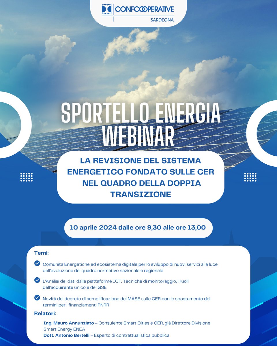 📢Nuovo appuntamento con lo Sportello Energia della 
 Camera di Commercio di Sassari
 📅10 aprile 2024
 ⏰Dalle 9:30 alle 13:00
 📍 Webinar online
📒Titolo dell’evento: “La revisione del sistema energetico fondato sulle CER nel quadro della doppia transizione”