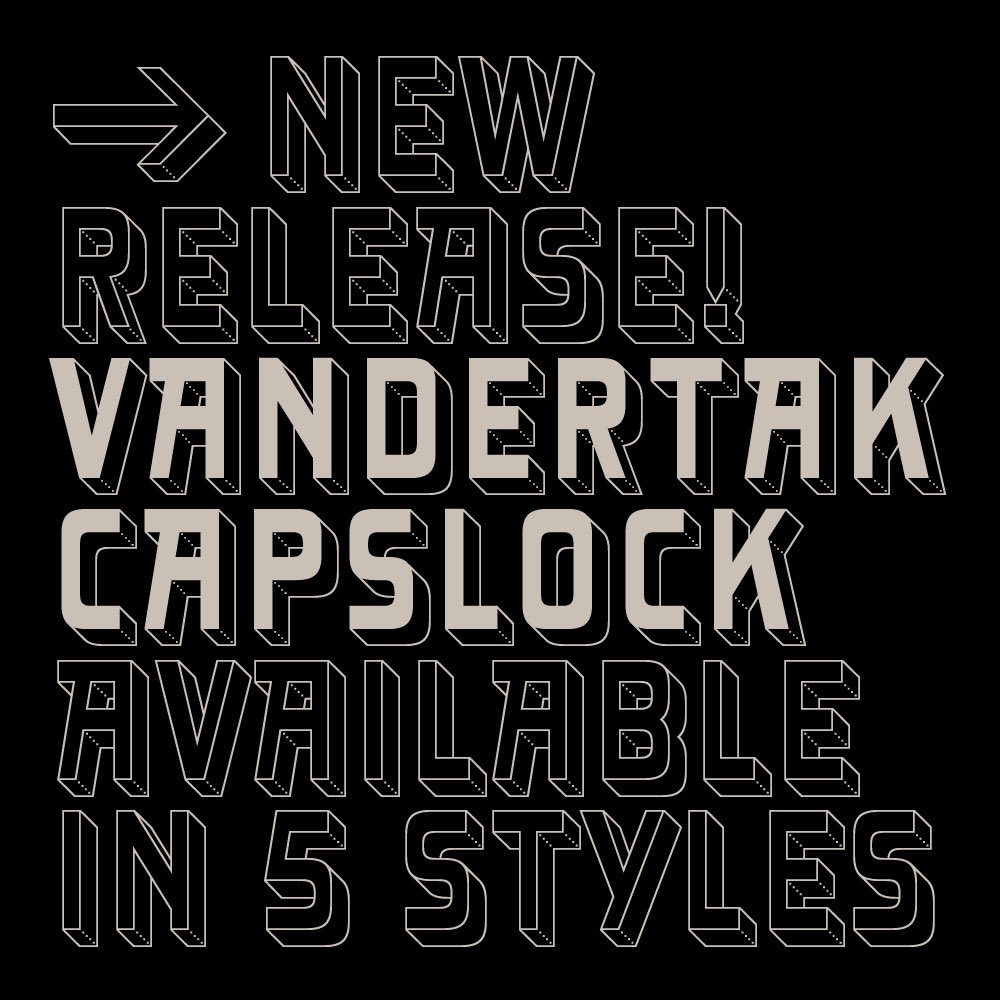 CakeType's tweet image. New release: Vandertak CAPSLOCK!

As its name suggests, Vandertak CAPSLOCK is an all-caps version of Vandertak. But it is also much more than that. Referencing the architectural origins of the typeface, the five stackable styles have a dimensional look.

caketype.com/font/vandertak…