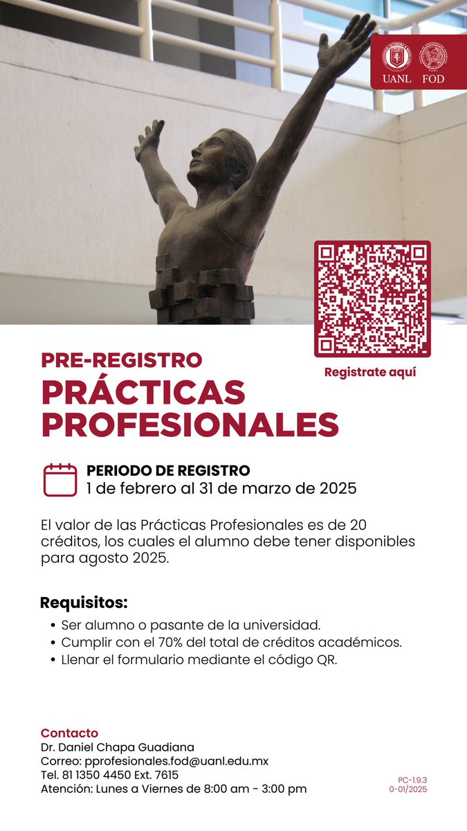 ¿Te interesaría hacer tu servicio social o prácticas profesionales en nuestra facultad el siguiente semestre? No pierdas tu oportunidad y realiza el registro ya, última semana 🤞🏻
#FOD #UANL #ServicioSocial #PrácticasProfesionales