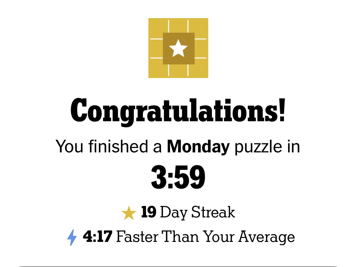 Finally got a NY Times Monday crossword done in under 4 minutes. Definitely a personal best.