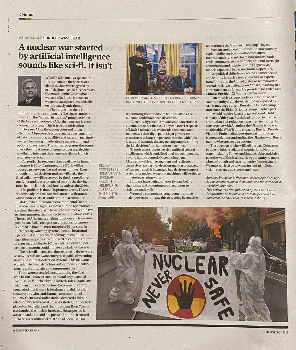 Sundeep Waslekar (@sundeepwaslekar) on Twitter photo AI can trigger a nuclear war, especially as it evolves into AGI. I explain pathways of disaster in the essay <a href="/SCMPNews/">South China Morning Post</a> AI can trigger a nuclear war, especially as it evolves into AGI. I explain pathways of disaster in the essay <a href="/SCMPNews/">South China Morning Post</a>
