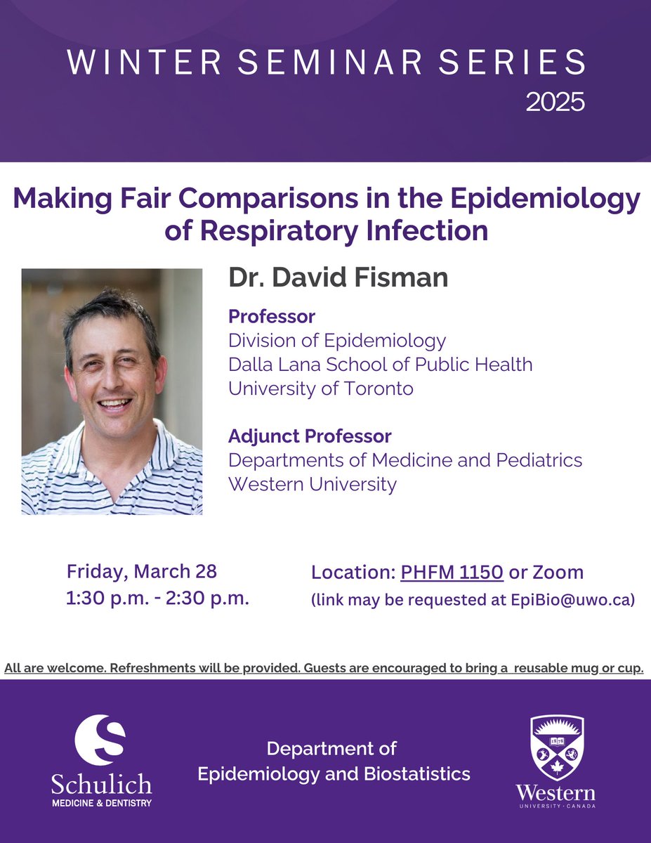 Western Epi&Biostats (@westernuepibio) on Twitter photo Join us for a captivating talk by Dr. David Fisman on "Making Fair Comparisons in the Epidemiology of Respiratory Infection"
When: March 28, 1:30 pm - 2:30 pm
Where: PHFM 1150 or Zoom (link may be requested at EpiBio@uwo.ca) Join us for a captivating talk by Dr. David Fisman on "Making Fair Comparisons in the Epidemiology of Respiratory Infection"
When: March 28, 1:30 pm - 2:30 pm
Where: PHFM 1150 or Zoom (link may be requested at EpiBio@uwo.ca)