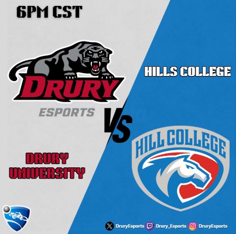 Drury Esports (@druryesports) on Twitter photo Today our Rocket League team plays in the first round of playoffs against <a href="/EsportsHill/">Hill College Esports</a>!
#AllWeDUisWin Today our Rocket League team plays in the first round of playoffs against <a href="/EsportsHill/">Hill College Esports</a>!
#AllWeDUisWin