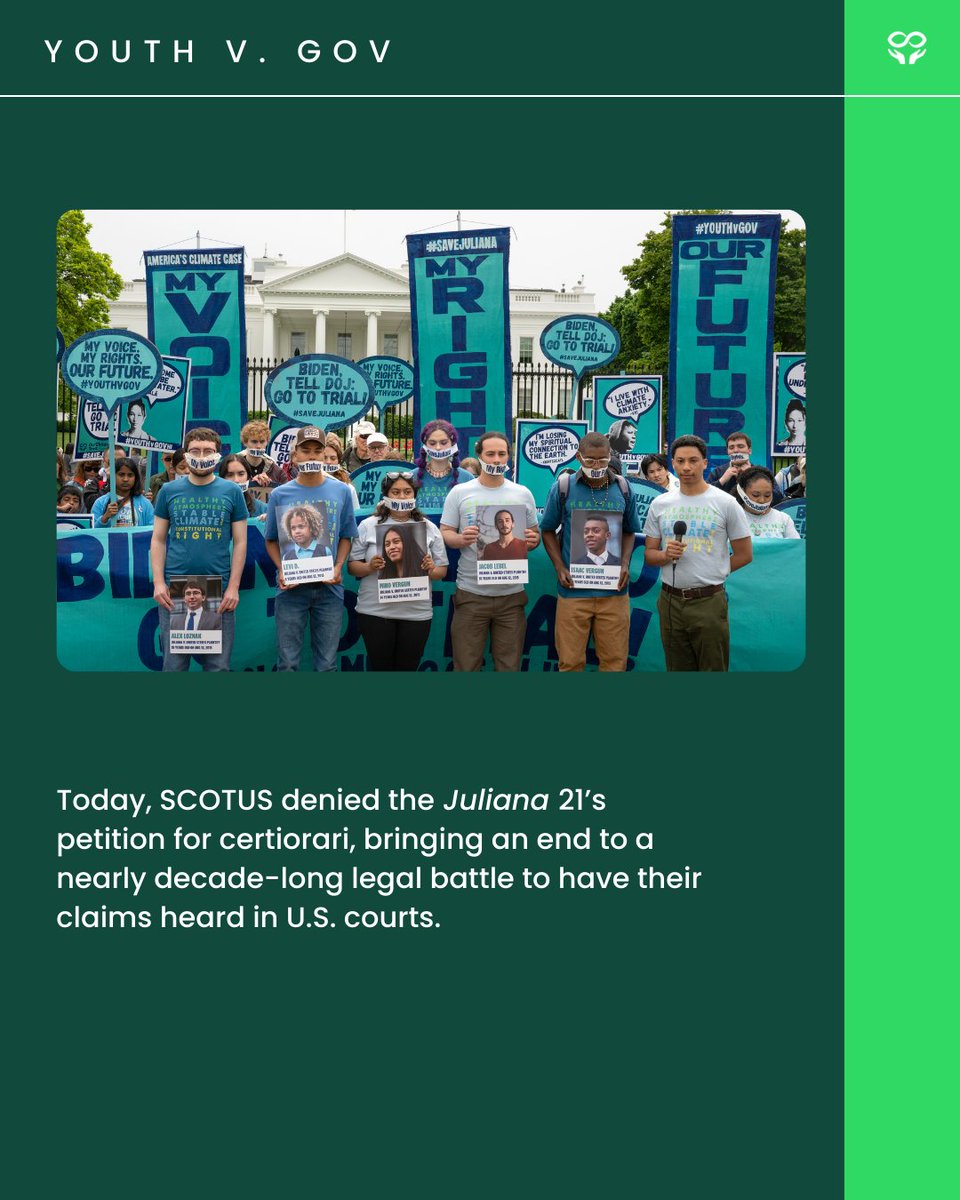 youthvgov's tweet image. SCOTUS ended the youth-led constitutional climate case Juliana v US. Today we CELEBRATE 21 @youthvgov leaders who persevered for 10 yrs fighting their govt for children’s climate rights. Let's continue their legacy for current &amp;amp; future generations! bit.ly/juliana-pr ✊💚