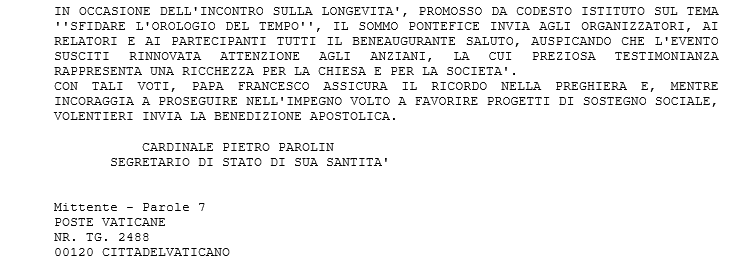 PontAcadLife's tweet photo. #VaticanLongevitySummit CHE L'EVENTO SUSCITI RINNOVATA ATTENZIONE AGLI ANZIANI, LA CUI PREZIOSA TESTIMONIANZA RAPPRESENTA UNA RICCHEZZA PER LA CHIESA E PER LA SOCIETA'. @TerzaLoggia @CarraraNeuro @iinbeneuro https://t.co/3ZIsTbUTwJ