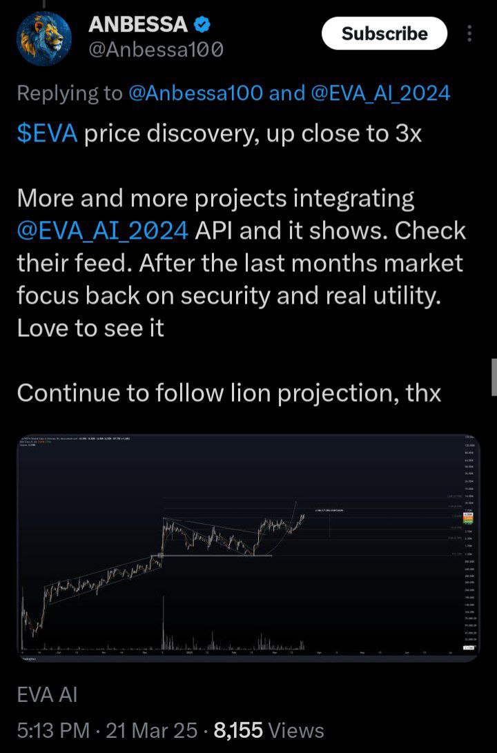 CryptoNoach's tweet image. $EVA | @EVA_AI_2024

$EVA just hit another ATH at 8.5M MC and it&apos;s happening in this shaky market cycle. (look at this beautiful chart).

They are outperforming this negative market so far. I&apos;m helping this team since 300k mc and let me tell you, they know how to work! I want to…