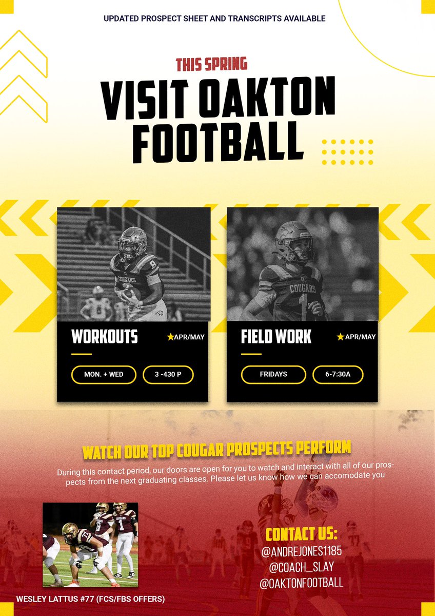 Oakton Football (@oaktonfootball) on Twitter photo Attention College Coaches!
We’re excited to welcome you to Oakton High School! Our student-athletes are talented, hard-working, and dedicated on taking their talents to the next level.
For scheduling, please contact Coach Slay at bkslay@fcps.edu or <a href="/Coach__Slay/">Coach Slay</a> Attention College Coaches!
We’re excited to welcome you to Oakton High School! Our student-athletes are talented, hard-working, and dedicated on taking their talents to the next level.
For scheduling, please contact Coach Slay at bkslay@fcps.edu or <a href="/Coach__Slay/">Coach Slay</a>