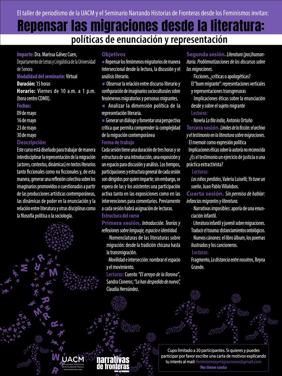 Querida comunidad, regresamos con este curso gratuito. Queremos ofrecer narrativas alternas, de amor antes muchas de odio que han surgido. El cupo es limitado, así que apresúrense a aplicar. 

Impartido por la Dr. Marissa Gálvez de la Universidad de Sonora.