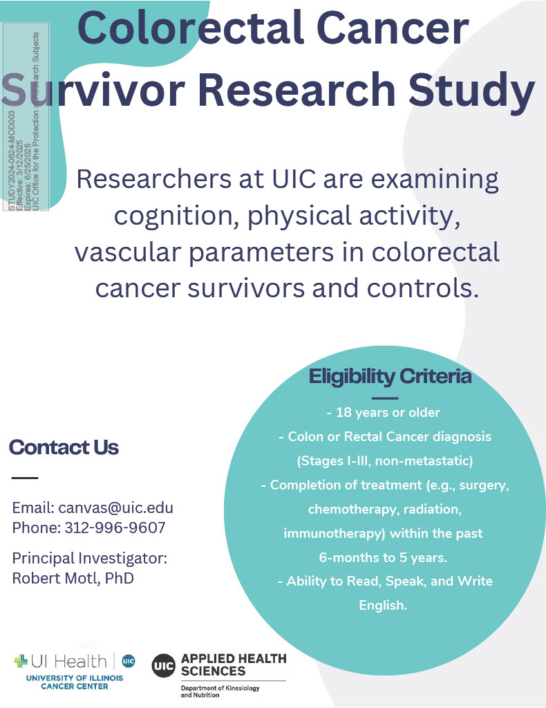 Exercise Neuroscience Research Laboratory (@enrluic) on Twitter photo Researchers at <a href="/thisisUIC/">University of Illinois Chicago</a> invite you to participate in a voluntary study that focuses on understanding the differences in #cognition, #physicalactivity, and #vascular parameters among #colorectalcancer survivors. redcap.ihrp.uic.edu/surveys/?s=AWX… Researchers at <a href="/thisisUIC/">University of Illinois Chicago</a> invite you to participate in a voluntary study that focuses on understanding the differences in #cognition, #physicalactivity, and #vascular parameters among #colorectalcancer survivors. redcap.ihrp.uic.edu/surveys/?s=AWX…