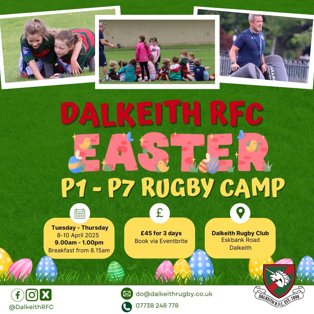 DalkeithRFC's tweet photo. Still some places left for our P1 - P7 Easter Camp 🐇🐣

Running Tuesday 8th - Thursday 10th April, 9am - 1pm, the cost is £45 for all 3 days, and can be booked via Eventbrite here:

https://t.co/H3hIaYB11B

Breakfast is included and available from 8.15am https://t.co/L2BI0f6SSw