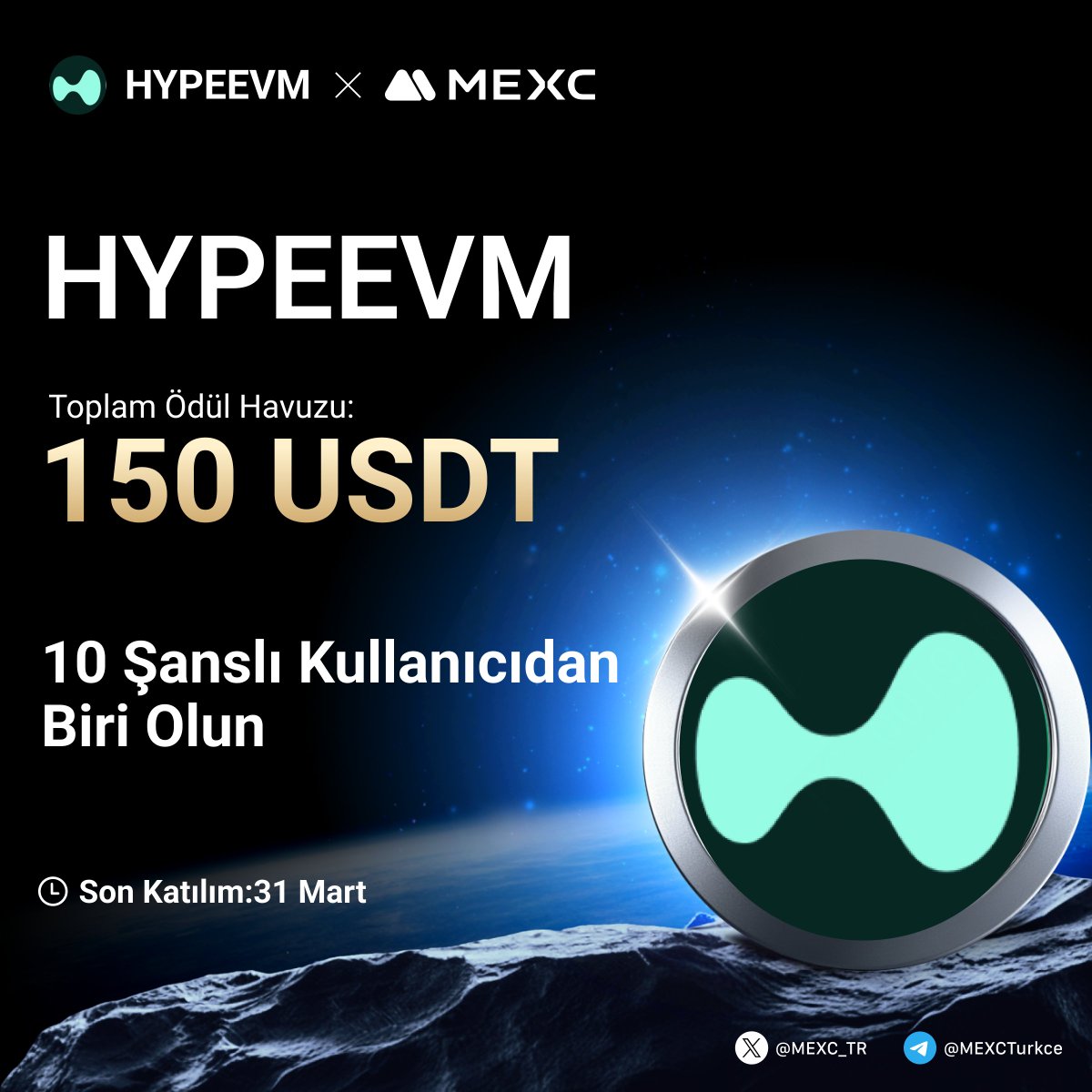🎉  #HYPEEVM 'nin #MEXC'de Listelenmesini Kutluyoruz!

🤩 146.000 $USDT Ödül Havuzuna Ek Olarak Tam 150 $USDT den Payınızı Kazanmak İçin Yapmanız Gerekenler;

🔹Takip Edin:<a href="/MEXC_TR/">MEXC_TR</a>
🔹Formu Doldurun;mexctr.info/4bXrksp
🔹Bu gönderiyi beğenin ve RT yapın 💙

⏰Son Katılım