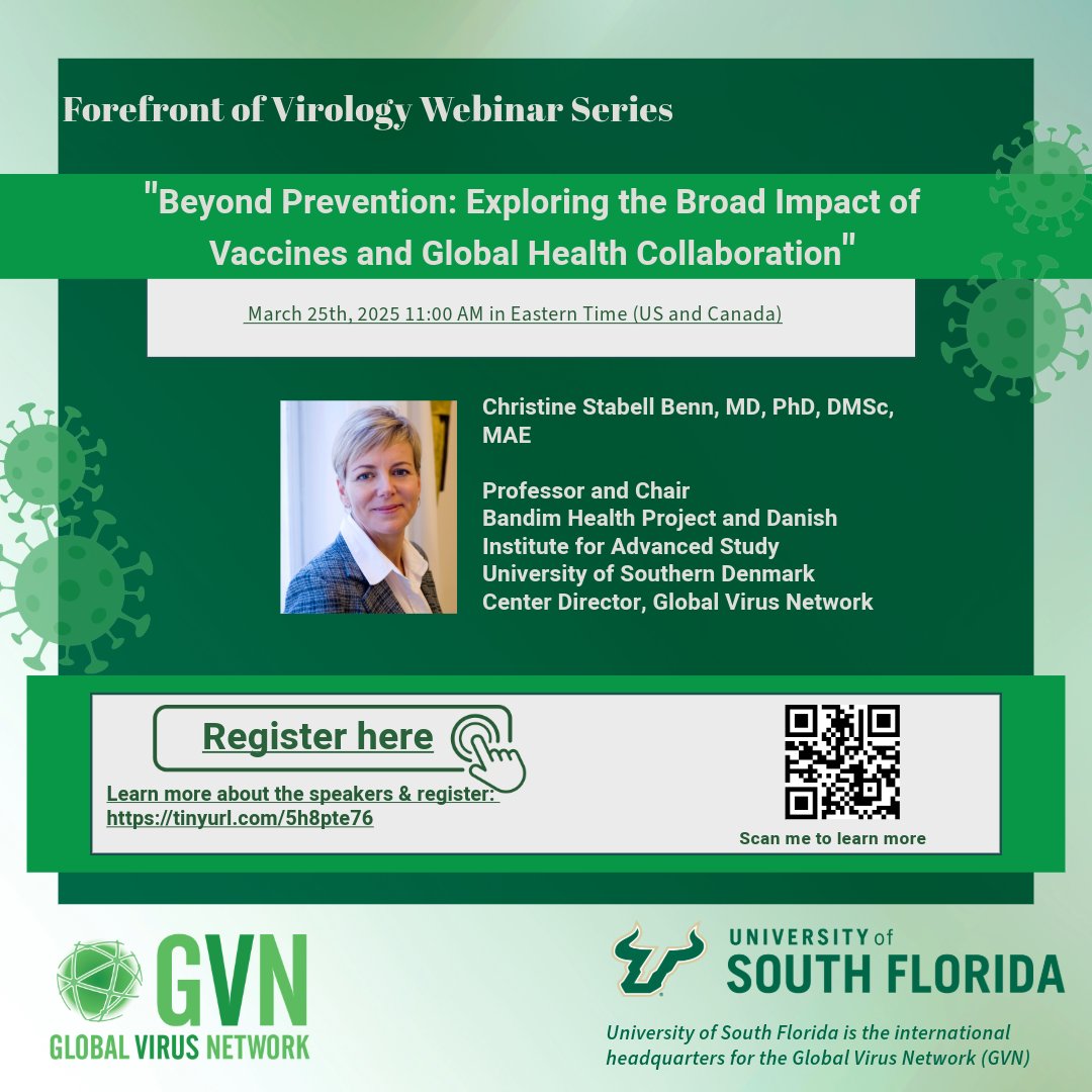 Global Virus Network (@globalvirusnews) on Twitter photo Tomorrow: Tuesday, 25 March 2025 at 11:00 am ET
Dr. Christine Stabell Benn (<a href="/StabellBenn/">Christine Stabell Benn</a>) will discuss the broad impact of #vaccines & #globahealth collaboration. Learn more & register: us02web.zoom.us/webinar/regist…
<a href="/SyddanskUni/">Syddansk Universitet</a> <a href="/USouthFlorida/">University of South Florida</a> <a href="/usfcoph/">USF Public Health</a> <a href="/USFHealth/">USF Health</a> Tomorrow: Tuesday, 25 March 2025 at 11:00 am ET
Dr. Christine Stabell Benn (<a href="/StabellBenn/">Christine Stabell Benn</a>) will discuss the broad impact of #vaccines & #globahealth collaboration. Learn more & register: us02web.zoom.us/webinar/regist…
<a href="/SyddanskUni/">Syddansk Universitet</a> <a href="/USouthFlorida/">University of South Florida</a> <a href="/usfcoph/">USF Public Health</a> <a href="/USFHealth/">USF Health</a>