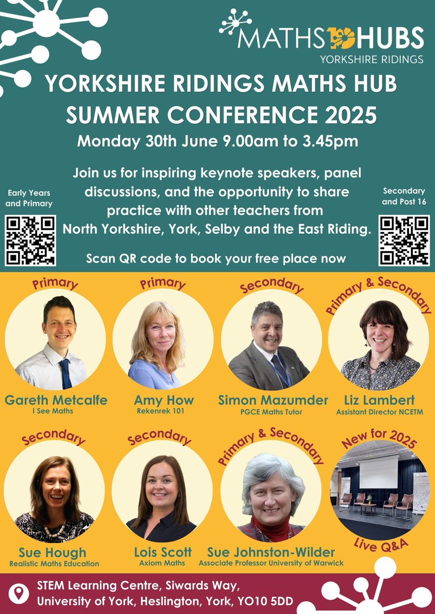 YR Maths Hub (@yrmathshub) on Twitter photo Have you heard? We've opened up booking for places at the @yrmathshub #yrsummerconf 2025, which will be held at <a href="/STEMLearningUK/">STEM Learning</a> in York! Places fill up fast so don't delay, book your place now! ๐โโ๏ธ
EY/Primary bit.ly/41W8MnR
Secondary and Post 16 bit.ly/4hAmFOl Have you heard? We've opened up booking for places at the @yrmathshub #yrsummerconf 2025, which will be held at <a href="/STEMLearningUK/">STEM Learning</a> in York! Places fill up fast so don't delay, book your place now! ๐โโ๏ธ
EY/Primary bit.ly/41W8MnR
Secondary and Post 16 bit.ly/4hAmFOl