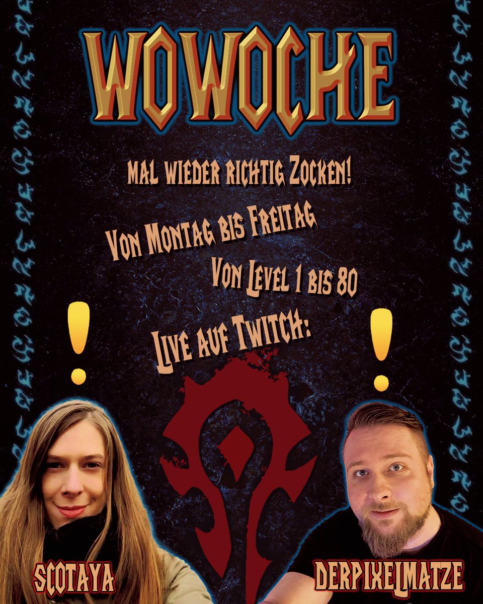 Moin, damals haben wir immer mal wieder Themenwochen gehabt. Darauf hatte ich diese Woche mal wieder Bock! Die "WOWoche" mit einem Specialguest: "SCOTAYA" Ihr entscheidet wo die Reise Starten wird, also verpasst keinesfalls den Anfang!😱 Heute Abend um 20:15 Uhr geht's los! ✌