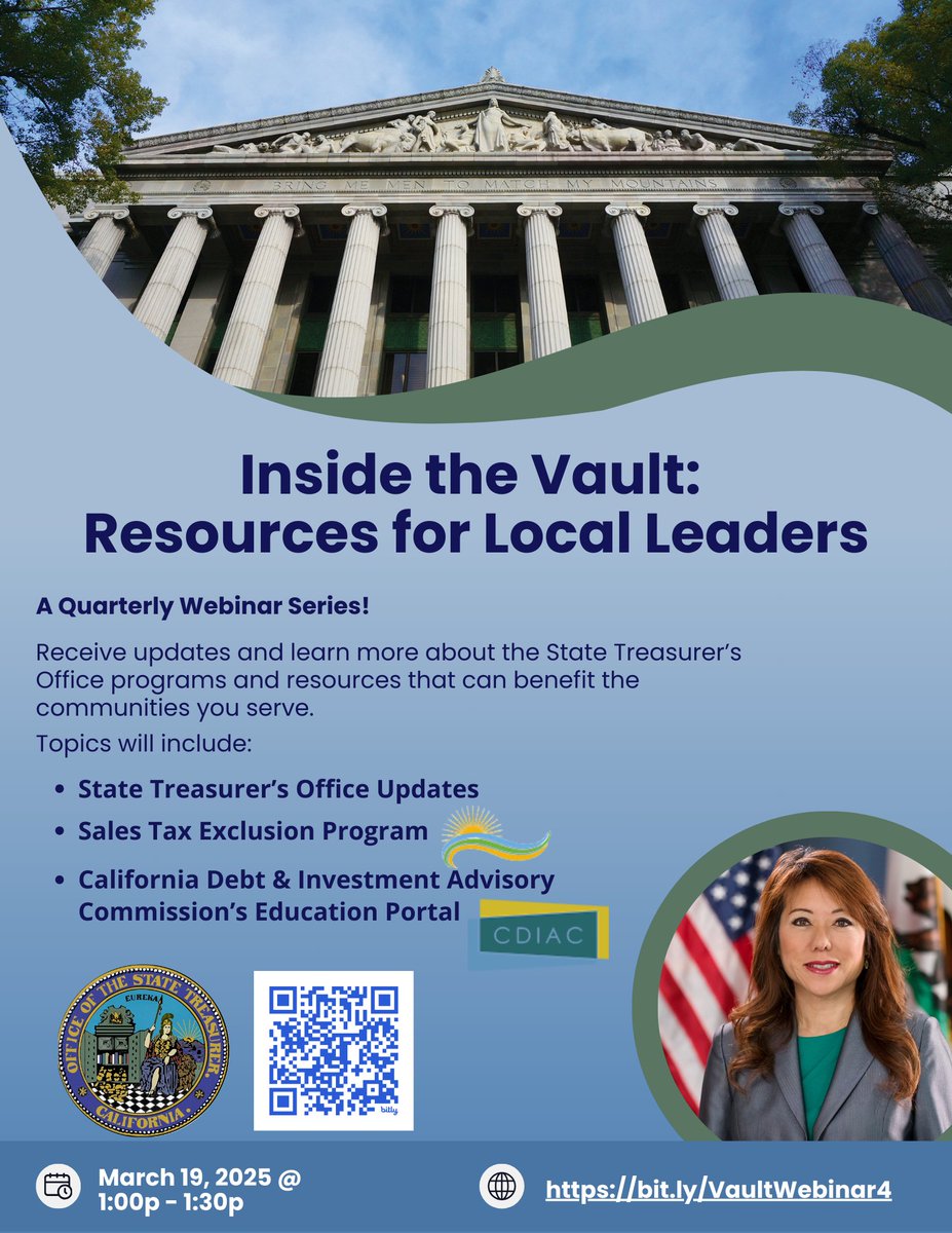 cdiac_sto's tweet image. Thank you to @CalTreasurer for hosting the California Debt and Investment Advisory Commission alongside @CAEATFA on last week's "Inside the Vault: Resources for Local Leaders" webinar to showcase our Education Portal. Register your free account here: edportal.treasurer.ca.gov