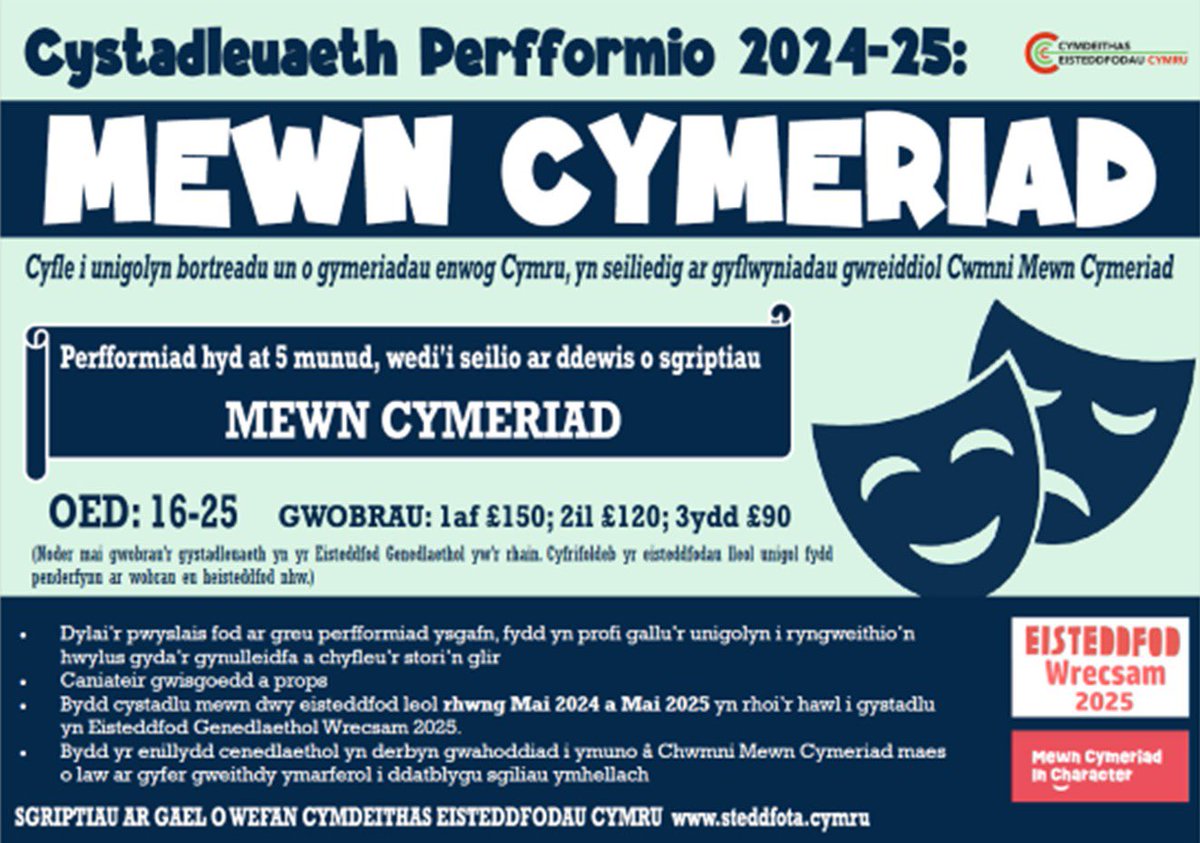 CymdeithasSteddfodau (@steddfota16) on Twitter photo 📣Perfformwyr ifanc, cofiwch am hwn! Cystadlu mewn 2 steddfod leol a chyfle i gystadlu yn <a href="/eisteddfod/">eisteddfod</a> Genedlaethol Wrecsam. Ewch amdani!🎭 Rhannwch ogydd!
<a href="/MewnCymeriad/">Mewn Cymeriad</a> <a href="/Rhydfelen/">YsgolGyfun Rhydfelen</a> <a href="/YsgolGyfunEmlyn/">YsgolGyfunEmlyn</a> <a href="/YsgolGyfunGwyr/">Ysgol Gyfun Gwyr</a> <a href="/YsgolPenweddig/">Ysgol Penweddig</a> <a href="/YsgolBroPedr/">Ysgol Bro Pedr</a> <a href="/YsgolBroTeifi/">Ysgol Bro Teifi</a> 📣Perfformwyr ifanc, cofiwch am hwn! Cystadlu mewn 2 steddfod leol a chyfle i gystadlu yn <a href="/eisteddfod/">eisteddfod</a> Genedlaethol Wrecsam. Ewch amdani!🎭 Rhannwch ogydd!
<a href="/MewnCymeriad/">Mewn Cymeriad</a> <a href="/Rhydfelen/">YsgolGyfun Rhydfelen</a> <a href="/YsgolGyfunEmlyn/">YsgolGyfunEmlyn</a> <a href="/YsgolGyfunGwyr/">Ysgol Gyfun Gwyr</a> <a href="/YsgolPenweddig/">Ysgol Penweddig</a> <a href="/YsgolBroPedr/">Ysgol Bro Pedr</a> <a href="/YsgolBroTeifi/">Ysgol Bro Teifi</a>
