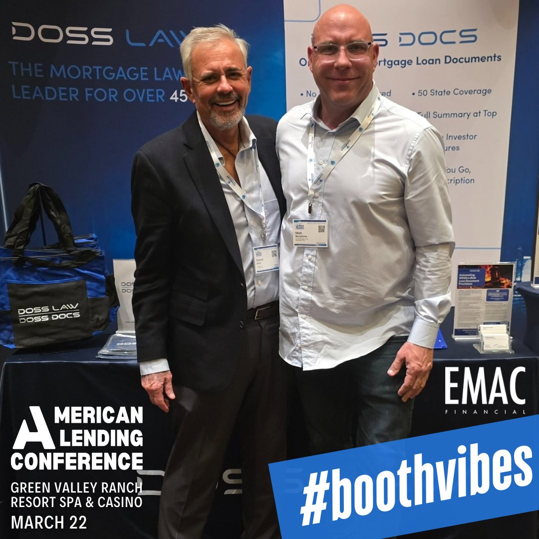 DossLaw's tweet image. More #boothvibes at the American Lending Conference! Dennis Doss caught up with longtime client and respected industry leader Matt Murphree of EMAC Financial.

#boothvibes #AmericanLendingConference #CommercialLending #DossLaw #DossDocs #ClientConnections